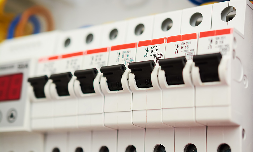 Fuse box, power supply circuit breakers. Voltage switchboard with electric automatic. Control panel electrical switches home electrical network.